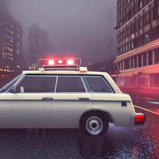 Prompt: hyperdetailed, photorealistic photograph of the ecto 1 driving in the streets, rain, night, dense fog, hd, unreal engine 5