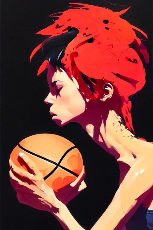 Image similar to a ultradetailed beautiful panting of a woman dribbling a basketball, by conrad roset, greg rutkowski and makoto shinkai, trending on artstation