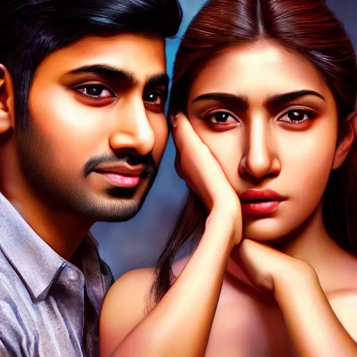 Image similar to theatrical press release ; indian young male and female couple sharing one heart ; stunning digital artwork by artgerm ; cinematic movie pose ; photorealistic, hyperrealistic, dramatic soft rim light ; highly detailed ; face by wlop ; trending on artstation ; cinematography from music video ; symmetrical, high coherence