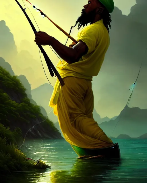 Prompt: fisherman, male, Jamaican, wide angle, yellows blacks greens reds, magical fishing rod weapon, D&D, fantasy, intricate, elegant, highly detailed, digital painting, artstation, octane render, concept art, matte, sharp focus, illustration, hearthstone, art by Artgerm and Greg Rutkowski and Alphonse Mucha