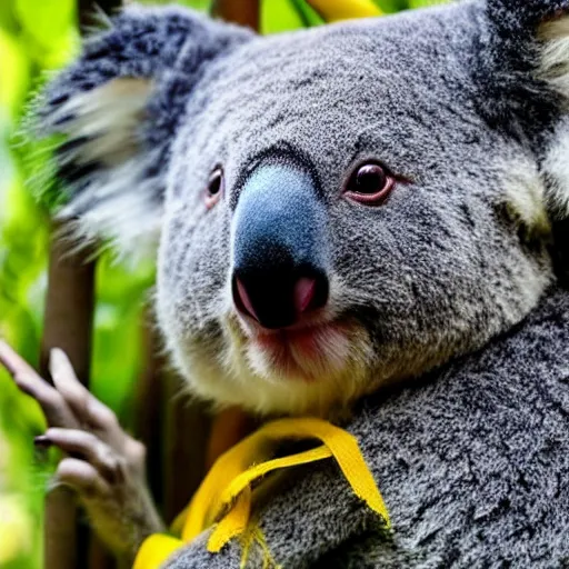 Image similar to a surreal photo of a very rare koala with yellow hair