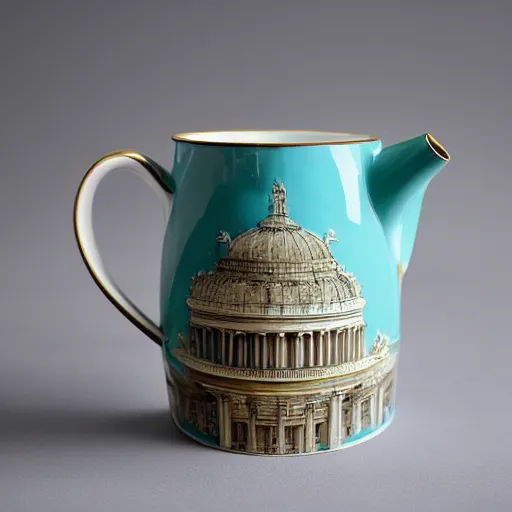 Prompt: The perfect tea mug, artsy baroque architectural design,