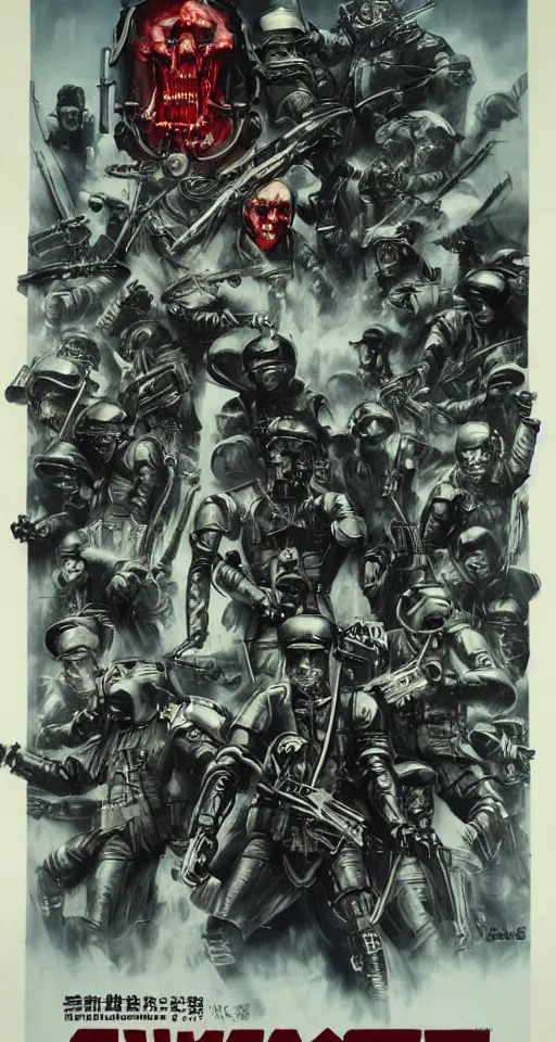 Prompt: Movie Poster For Schwartzlicht,about Chinese Russian Zombie Troopers Designed By Yasushi Nirasawa battle Japanese America Cyborgs Designed by Syd Mead and Giger, 1970s style, very detailed, text says: Schwarzlicht