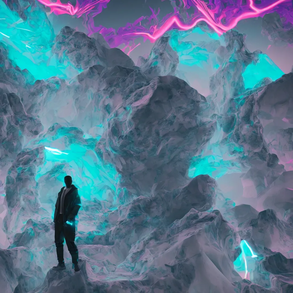 Image similar to manikin made of marble, fractal neon explosion revealing a portal to a vaporwave paracosm, mountains and city in background, rule of thirds, clean linework, dramatic, moody, introspective, cinematic, award winning, 4 k, trending on artstation, photorealistic, volumetric lighting, octane render