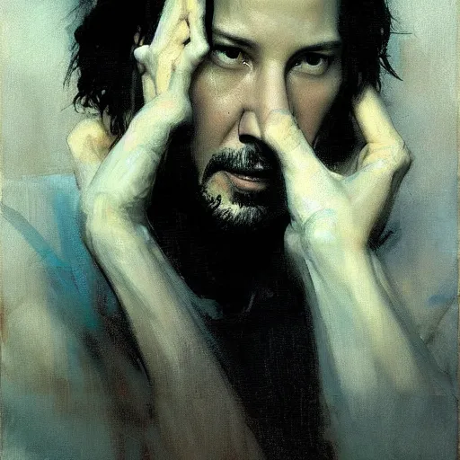 Image similar to keanu reeves, intricate, elegant, highly detailed, greg manchess, mucha, liepke, ruan jia, jeffrey catherine jones, ridley scott