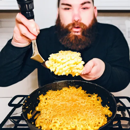 Image similar to top - heavy 2 0 year old with messy black hair and big beard cooks mac and cheese late at night, fish eye lens