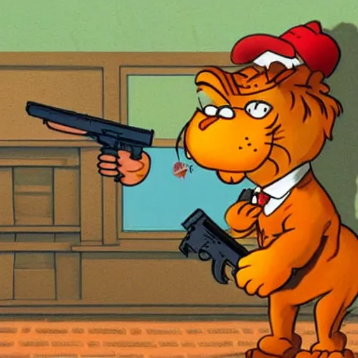 Image similar to Garfield holding a glock, gun,