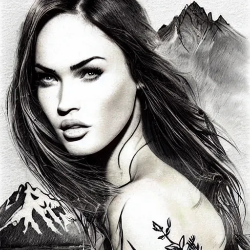 Image similar to tattoo design sketch with double exposure effect, megan fox face faded with beautiful mountain scenery, in the style of matteo pasqualin, amazing detail, pinterest tattoo