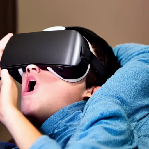 Image similar to a stock photo of a teenage boy laying in bed with a bunch of stuff wearing a VR-headset, featured on flickr, cluttered room