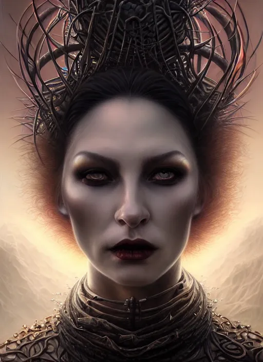 Prompt: closeup portrait shot of a vampire queen in a scenic dystopian environment, intricate, elegant, highly detailed, centered, digital painting, artstation, concept art, smooth, sharp focus, illustration, artgerm, tomasz alen kopera, peter mohrbacher, donato giancola, joseph christian leyendecker, wlop, boris vallejo