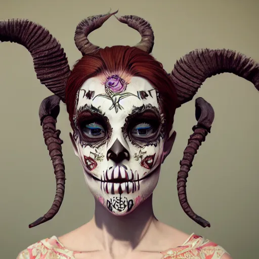 Prompt: changeling satyr lady, mid - waist self - portrait, perfect symmetry, intricate, dia de los muertos, skulls and flowers mask, aztec ultra detailed feathered dress 4 k resolution, octane rendering, ultra realistic, photo realism, beeple, 3 0 mm