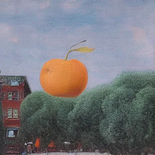 Image similar to giant floating peach, brussels, rene magritte