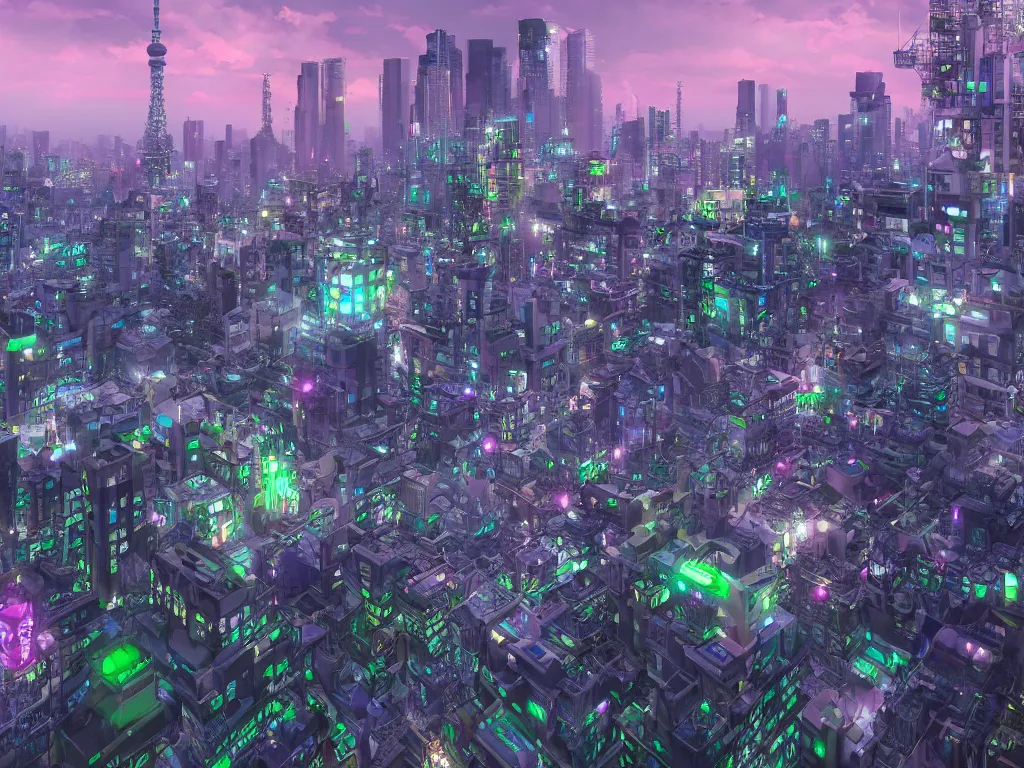 Prompt: a beautiful otherworldly fantasy model cityscape of tokyo in extreme detail, studio ghibli and pixar and abzu, rendering, cryengine, deep colors, purple and blue and green colors, vray render, cgsociety, bioluminescent