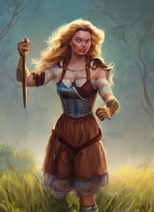 Prompt: beautiful female dorothy gale woman, margot robbie as dorothy, full body character concept, armor, super powers, fantasy, intricate, elegant, highly detailed, digital painting, artstation, concept art, shining, sharp focus, illustration, art by stanley lau