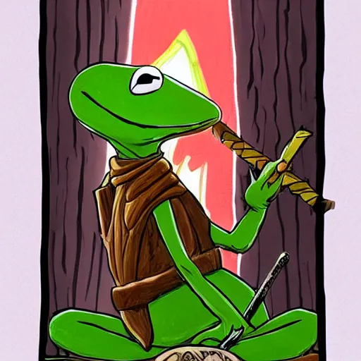 Prompt: epic painting of kermit the frog drawing excalibur out of the stone and holding it above his head, embracing his destiny, beams of light envelop the sword