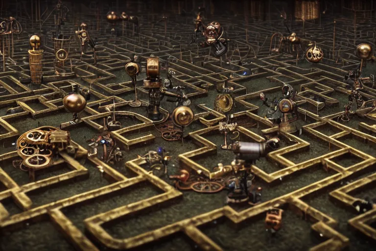 Image similar to steampunk robots in a maze by otto dix, tilt shift, ultra realistic, unreal engine, trending on artstation, 4 k