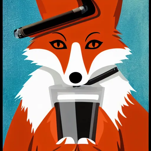 Image similar to a polygamous fox with a hat drinking beer and smoking e - cigarette, studio photo