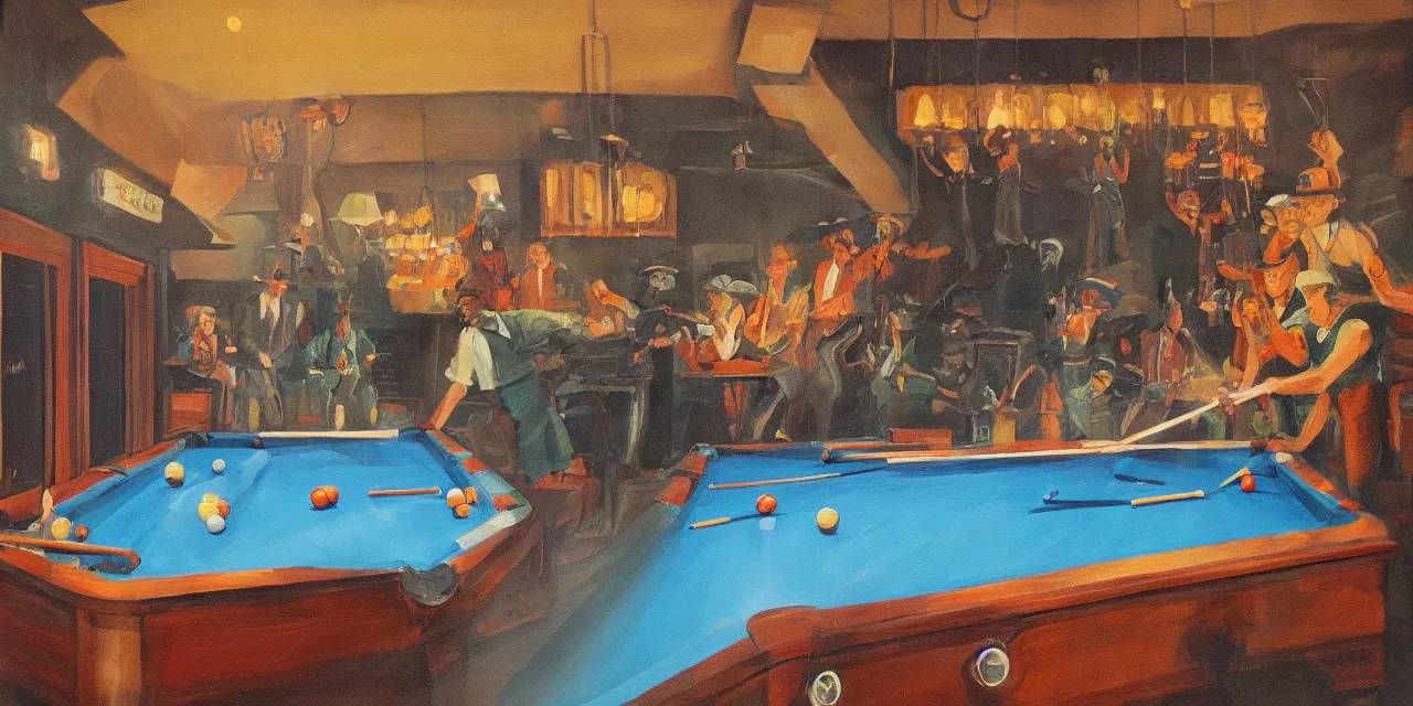 Image similar to smokey pool hall from an story theme of wizards of science (oil paint on canvas, art deco era)