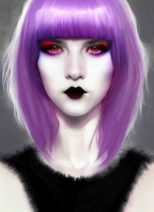 Image similar to portrait of white teenage girl, normal face, white bangs, mall goth, cyberlox, black and white hair, bangs, fluffy bangs, red contact lenses, purple lipstick, intricate, elegant, highly detailed, digital painting, artstation, concept art, sharp focus, smooth, illustration, art by wlop, mars ravelo and greg rutkowski