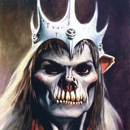 Image similar to The goblin king wearing a bone crown, painting by Frank Frazetta, detailed, 4k