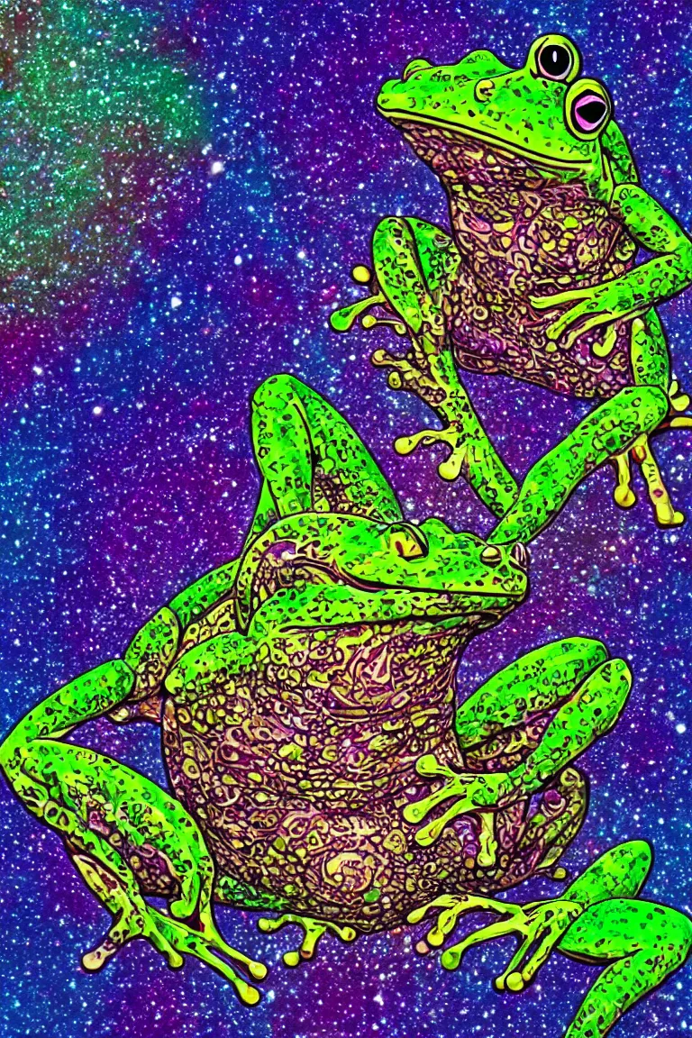 Prompt: surreal frog entity hyperdetailed the galaxy exploding from his mind psychedelic spiritual frog dreams profound, chromatic, mathematical, infinite fractal recursion, spiritual ancient frog god, artstation, cinematic