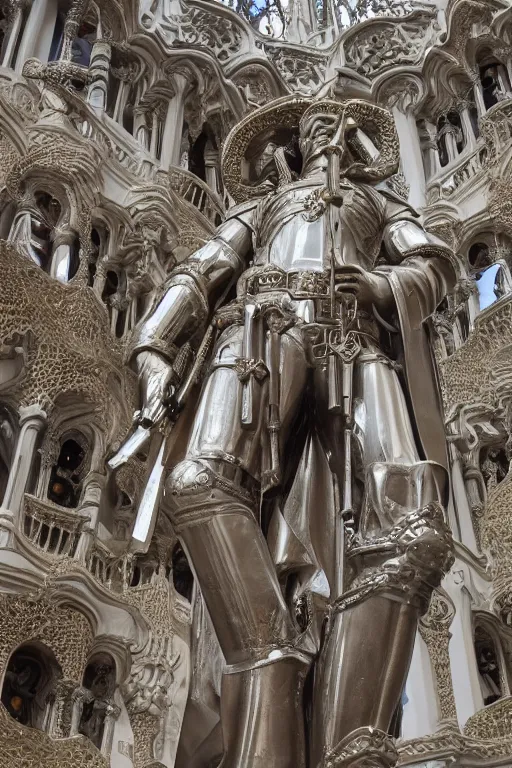 Prompt: a cinematic view of a ornated intricate gothic sacred statue of saint george made in light concrete, with few ornaments in shiny polished chrome, sculpted by gaudi