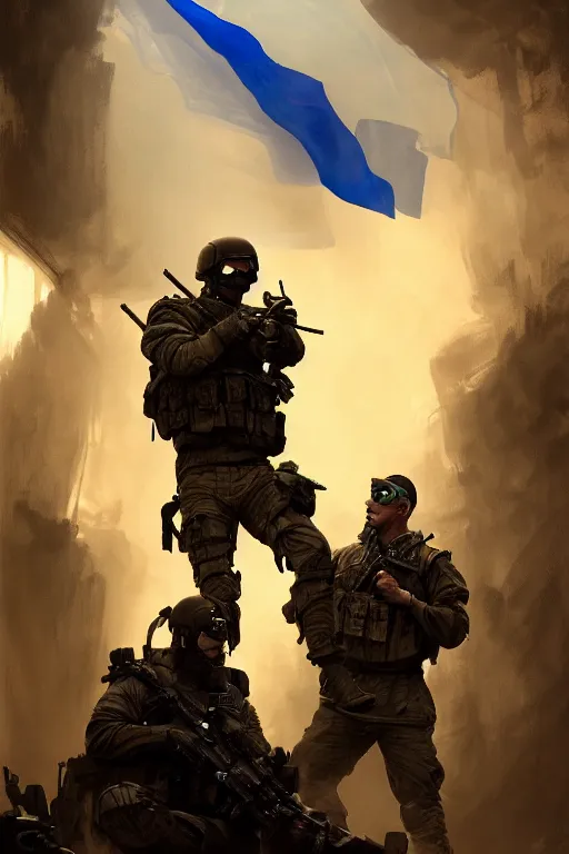 Image similar to a cinematic shot of a special forces unit with ukrainian flag and standing ready to fight, masculine figure, d & d, fantasy, bright atmosphere, volumetric lights, intricate, elegant, extremely detailed, digital painting, artstation, concept art, matte, smooth, sharp focus, hyper realistic, illustration, art by artgerm and greg rutkowski and alphonse mucha