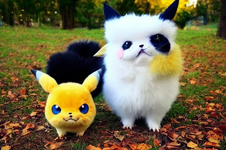 Prompt: real life pokemon, cute!!!, adorable!!!, chunky!!!, playful!!!, fluffy!!!, happy!!!, cheeky!!!, mischievous!!!, ultra realistic!!!, autumn, clear weather, golden hour, sharp focus