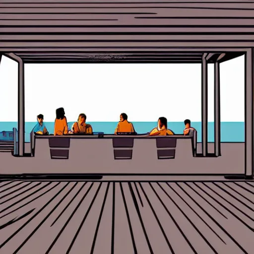 Image similar to rooftop bar overlooking beach in the style of Antoni Guadi, in the style of Mies van der rohe, digital illustration, Style of Moebius