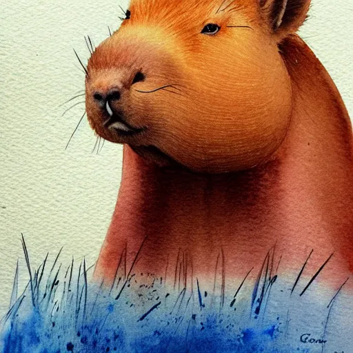 Image similar to a beautiful watercolor painting of an enormous capybara, by Antonio Guidotti, ghibli studio, detailed, matte art, trending on artstation,