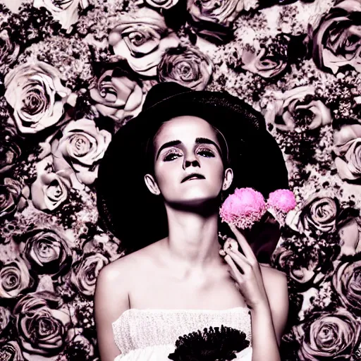 Prompt: on texture paper full body fashion model emma watson smokey eyes makeup eye shadow fantasy, glow, shimmer as victorian woman in a long white frilly lace dress and a large white hat having tea in a sunroom filled with flowers, roses and lush fern flowers ,intricate, night, highly detailed, dramatic lighting , high quality