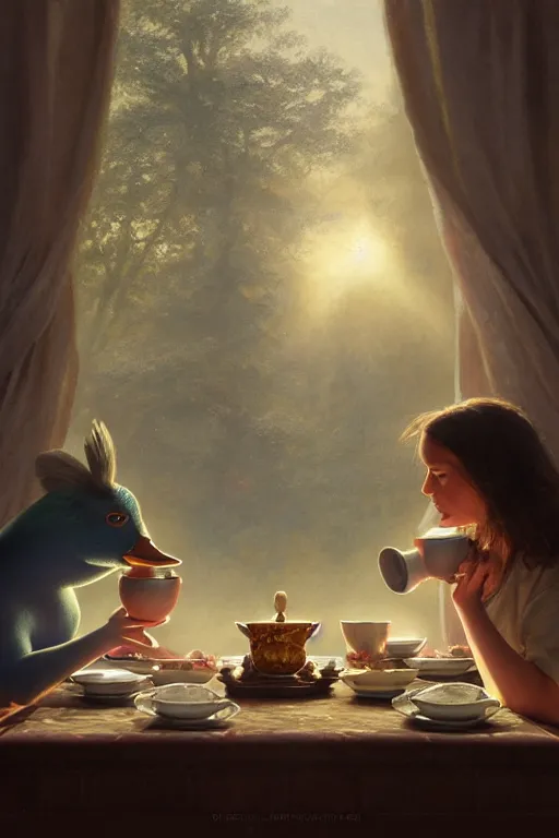 Prompt: a mallard and a pig having tea at the ritz, anatomy, bathed in light, highly detailed, photorealistic, artstation, smooth, sharp focus, illustration, unreal engine 5, 8 k, art by artgerm and greg rutkowski and edgar maxence