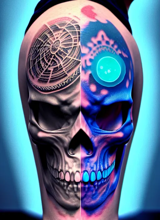 Image similar to 3 d shaman with tattoos profile portrait, sigma 5 0 0 mm f / 5. beautiful intricate highly detailed skull. bioluminescent, plasma, frost, water, wind, creature, gradient background, thunderstorm! artwork by tooth wu and wlop and beeple and greg rutkowski, 8 k trending on artstation,