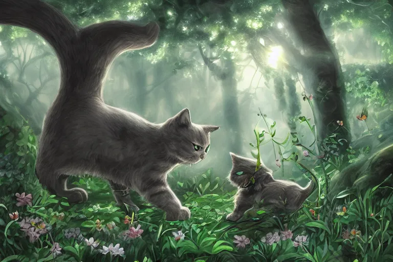 Image similar to a cat in a forest, highly detailed, digital art, trending on artstation, backlighting, by kawacy, by ken sugimori, fan art