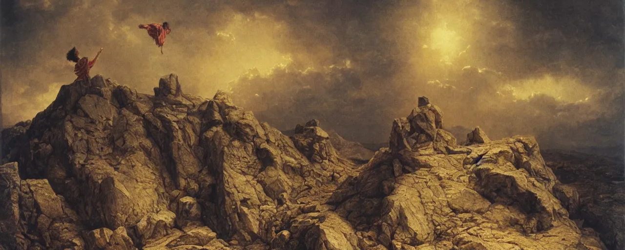 Image similar to medium shot of moses on top of a mountain holding up in the air the ten commandments stone tablets, photorealistic, highly detailed, texture, soft light, dramatic, moody, ambient, painting by gustave dore