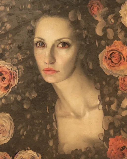 Image similar to a beautiful and eerie baroque painting of a beautiful but serious woman in layers of fear, with haunted eyes and dark hair piled on her head, 1 9 7 0 s, seventies, floral wallpaper, wilted flowers, morning light showing injuries, delicate ex embellishments, painterly, offset printing technique