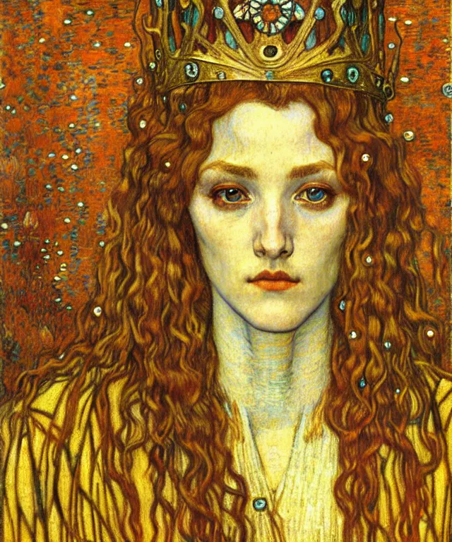 Image similar to detailed realistic beautiful young medieval queen face portrait by jean delville, gustav klimt and vincent van gogh, art nouveau, symbolist, visionary, gothic, pre - raphaelite, muted earthy colors, desaturated