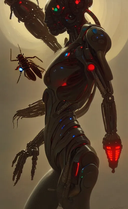 Image similar to cyborg insect, sci-fi, highly detailed, digital painting, artstation, concept art, smooth, sharp focus, illustration, art by artgerm and greg rutkowski and alphonse mucha