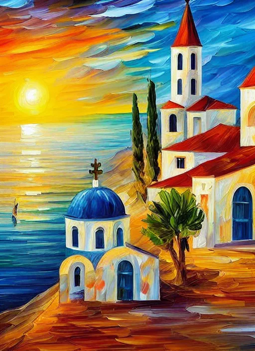 Prompt: beautiful seaside greek village and chapel at sunset in the style of leonid afremov