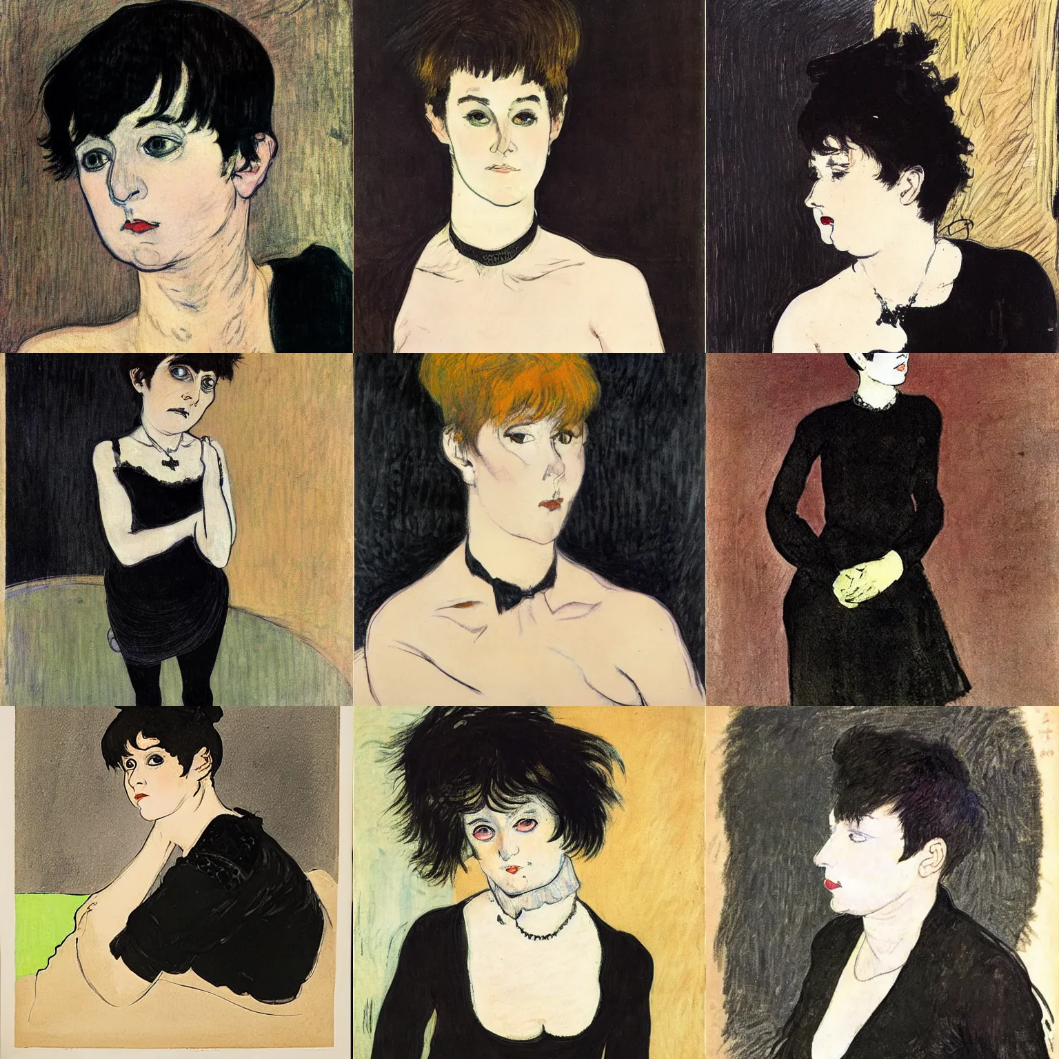 Prompt: an emo by henri de toulouse - lautrec. her hair is dark brown and cut into a short, messy pixie cut. she has large entirely - black eyes. she is wearing a black tank top, a black leather jacket, a black knee - length skirt, a black choker, and black leather boots.