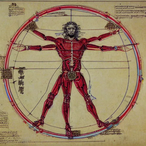 Image similar to a brilliantly colored scroll of an exploded diagram of a detailed engineering schematic of a cyborg samurai in the pose vitruvian man in the style of jean giraud