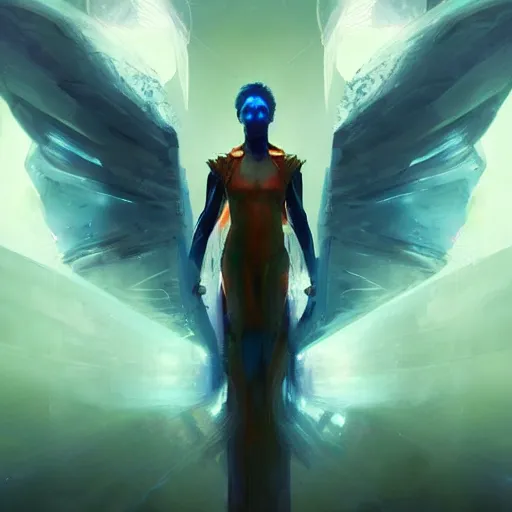 Image similar to portrait of a beautiful force of the good light seraphim male futuristic angel, volume lighting, concept art, by greg rutkowski!!, colorful, xray melting colors!!