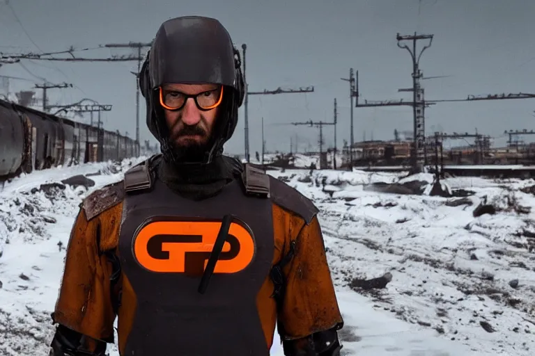 Image similar to vfx movie closeup real life gordon freeman holding wearing futuristic armor, half life logo on chest, crowbar in russian train yard by emmanuel lubezki