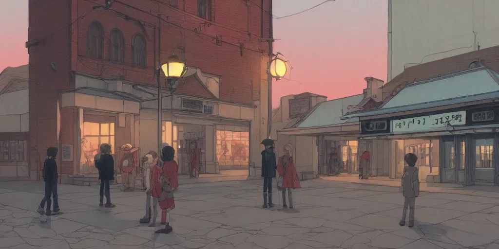 Prompt: loitering outside the old cinema, evening, hayao miyazaki, artstation