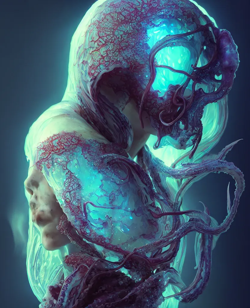 Image similar to hooded goddess close - up portrait hooded human skull, ram skull, squid phoenix jellyfish, orchid, betta fish, bioluminiscent, intricate artwork by tooth wu and wlop and beeple. octane render, trending on artstation, greg rutkowski very coherent symmetrical artwork. cinematic, hyper realism, high detail, octane render, 8 k