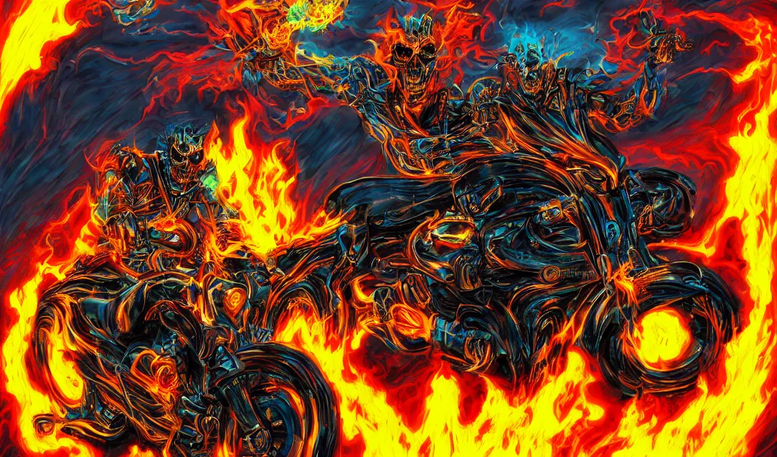 Prompt: ghost rider in the hell, epic pose, pastel, colorful, bright, cartoony,, digital art