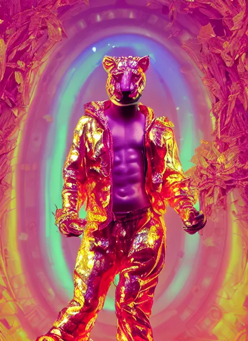 Image similar to photo of baroque and bladerunner delicate neon ruby sculpture of seductive ceramic albino king william levy tigers orange iridescent humanoid deity wearing metallic green hoody made out of leaves holding the sun in a reflective prismatic dungeon, reclining, glowing rainbow face, crown of white diamonds, cinematic lighting, photorealistic, octane render 8 k depth of field 3 d