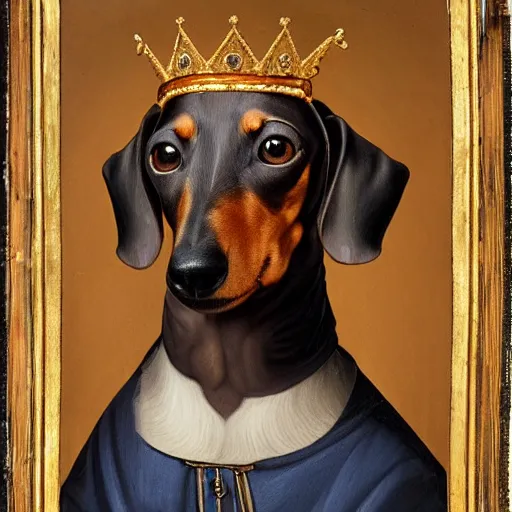 Image similar to a renaissance style portrait painting of a dachshund, wearing a crown and cape, dark background