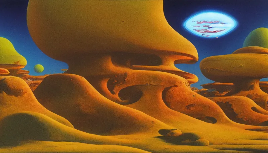 Image similar to psychedelic surreal alien landscape, by roger dean, by dean ellis, detailed high resolution, atmospheric environment, oil on canvas