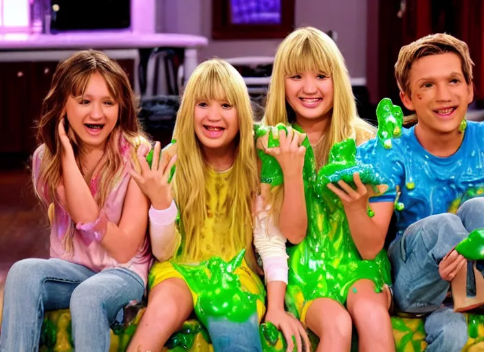 Image similar to the episode of Hannah Montana where everyone gets covered with nickelodeon slime hd